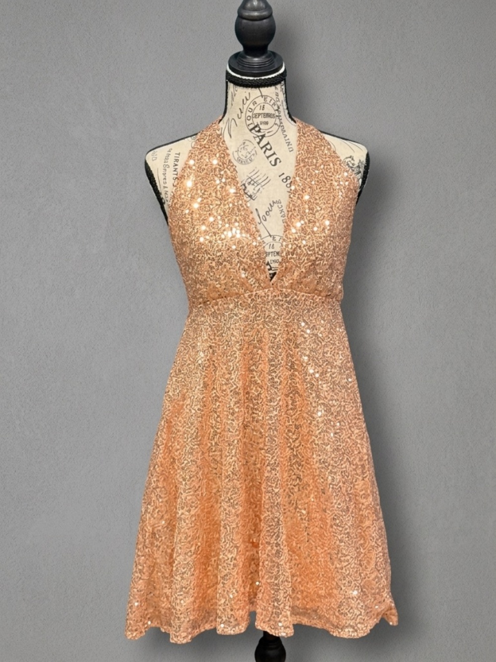 R.Vivimos Rose Gold Sequin Halter Mini Dress Backless Sparkly Party Cocktail S